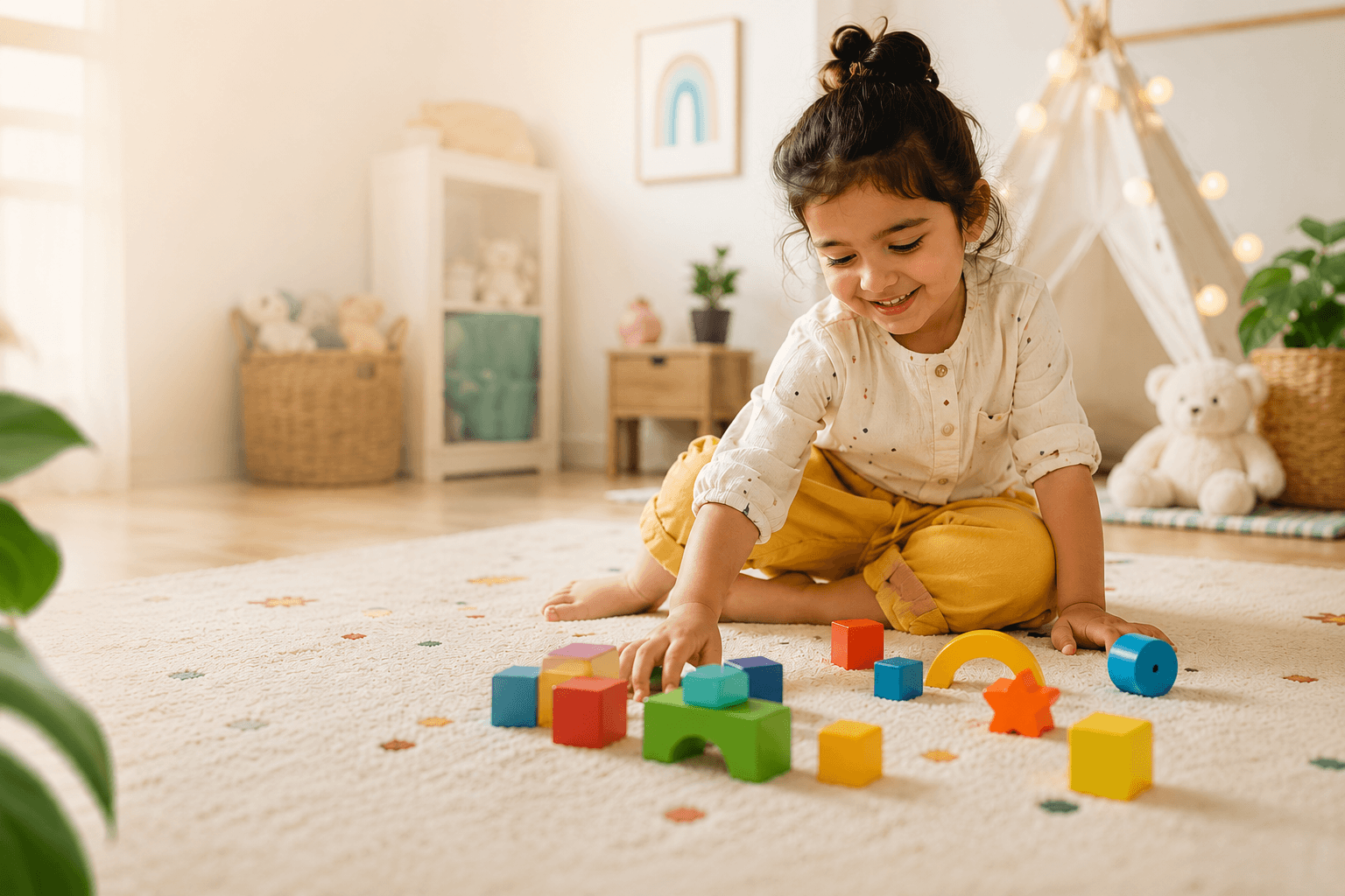 Child playing with colorful educational toys